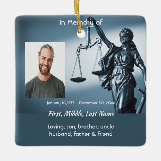 Christian Memorial Keepsake Scales Justice Law Ceramic Ornament (Front)