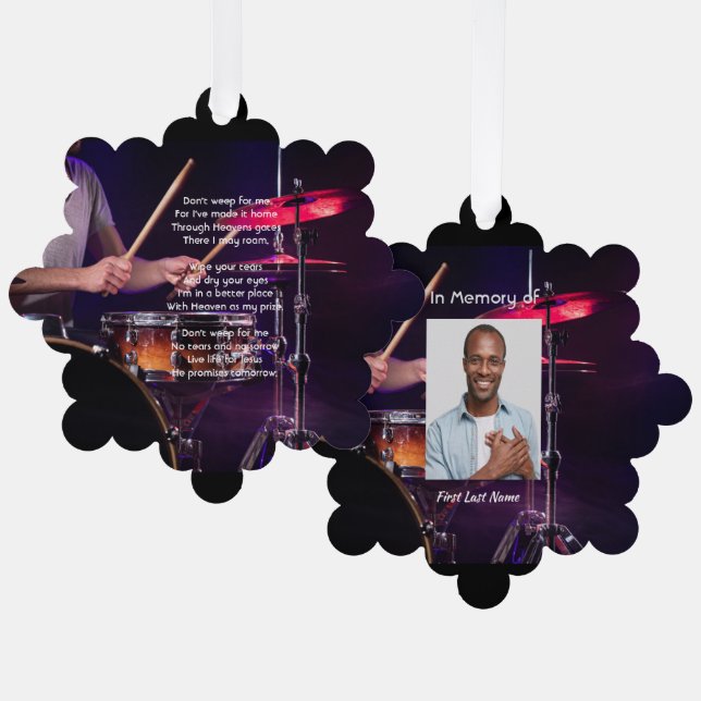 Christian Memorial Photo  Drummer Drums Band  Tree Decoration Card (Front/Back)