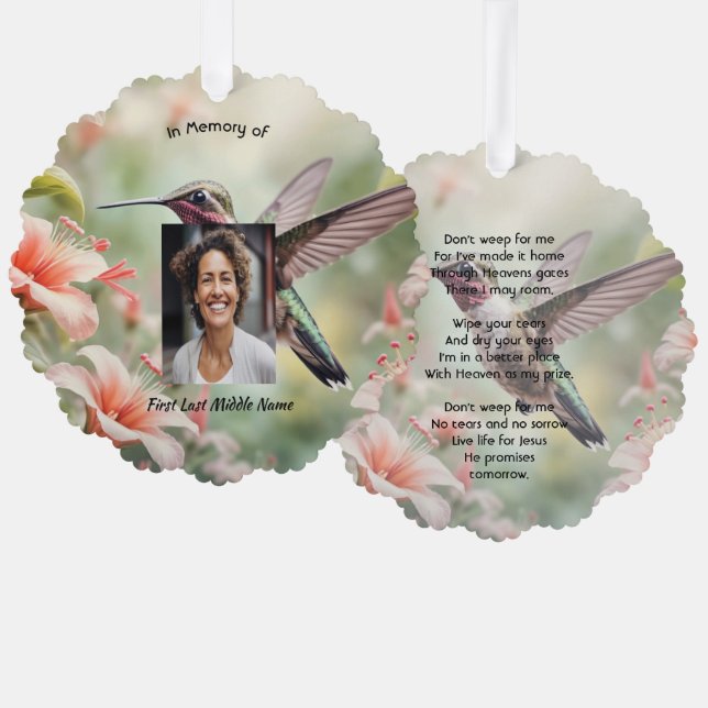 Christian Memorial Photo Keepsake Hummingbird Tree Decoration Card (Front/Back)