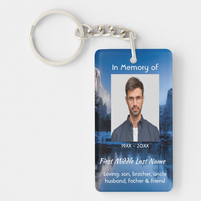 Christian Memorial Photo Mountain Lake Winter Snow Key Ring (Front)