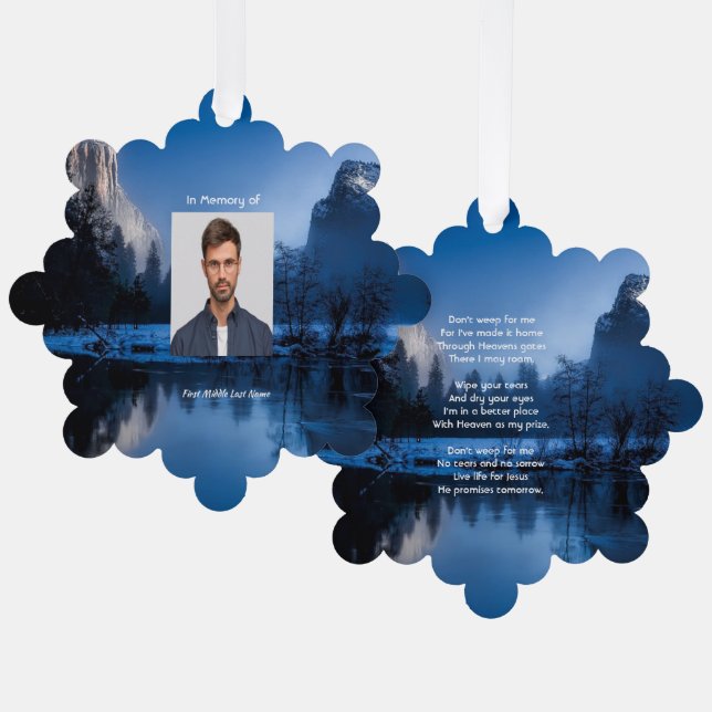Christian Memorial Photo Mountain Lake Winter Snow Tree Decoration Card (Front/Back)