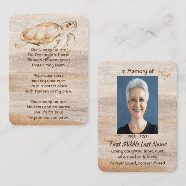 Christian Memorial Photo Sandy Beach Sea Turtle  Business Card (Front/Back)