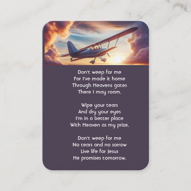 Christian Memorial Pilot Aeroplane Flying Sunset Business Card (Front)