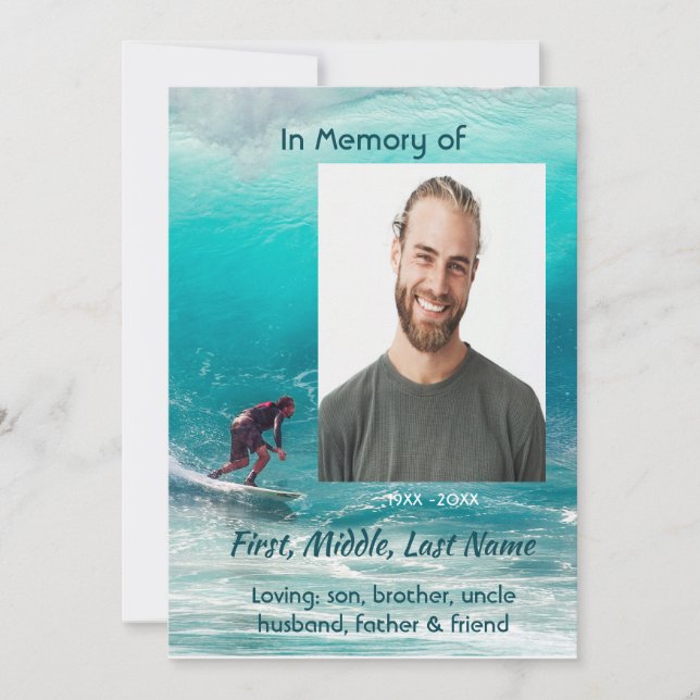 Christian  Memorial  Service Wave Surfer Water Invitation (Front)