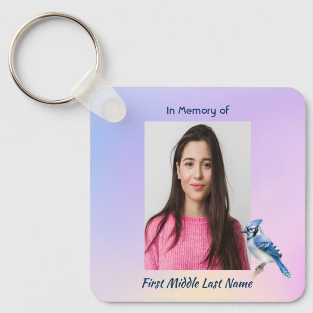 Christian Memorial Watercolor Bluejay Garden  Key Ring (Front)