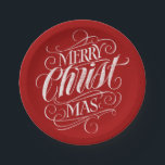 Christian Merry Christmas Christ Lettering Red Paper Plate<br><div class="desc">We say 'Merry Christmas' very often during the season, but sometimes we tend to forget where this greeting actually originates from. Here is a wonderfully elegant piece of custom hand lettering in the fashionable chalkboard look to give a gentle nudge back into the direction of Jesus. Professional calligraphy by Ivan...</div>