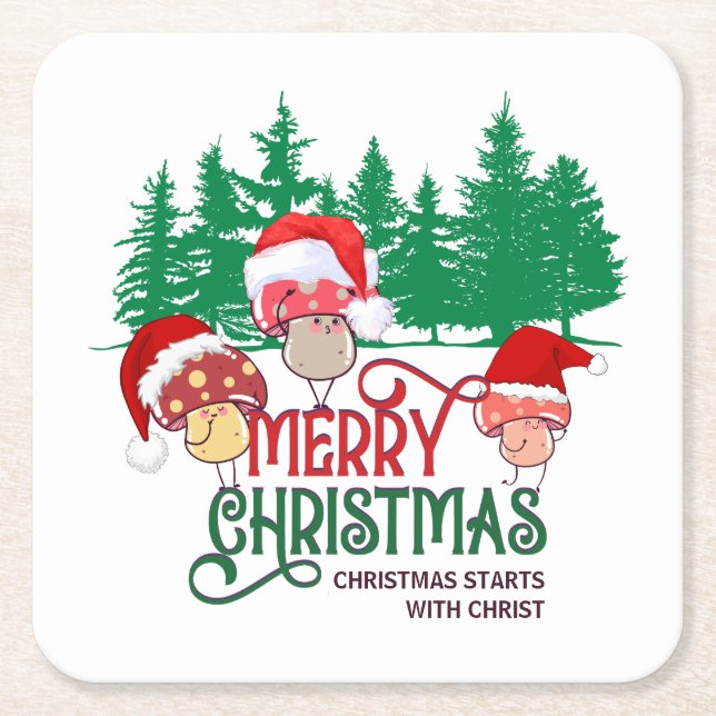Christian MERRY CHRISTMAS MUSHROOMS in Forest Square Paper Coaster (Front)