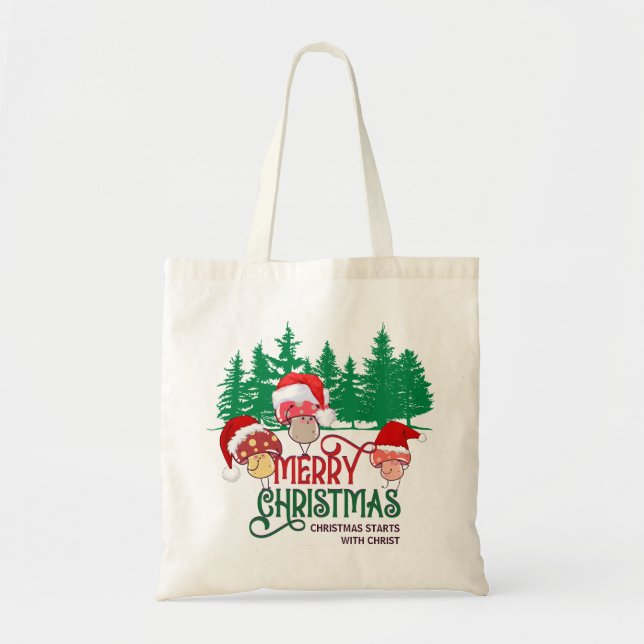 Christian MERRY CHRISTMAS MUSHROOMS in Forest Tote Bag (Front)