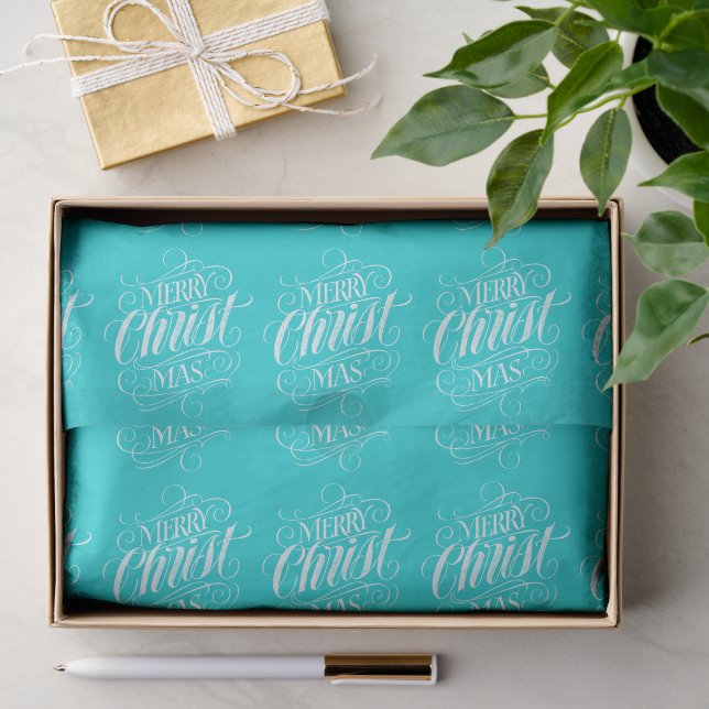 Christian Merry Christmas Script Lettering Teal Tissue Paper (Gift)