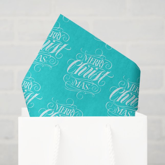Christian Merry Christmas Script Lettering Teal Tissue Paper (Gift Bag)