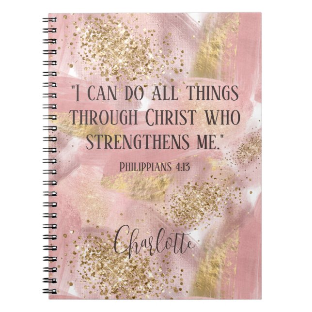 Christian Modern Girly Pink Gold Glitter Artsy Notebook (Front)