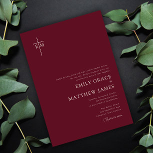 Christian Monogrammed Cross Minimalist Burgundy Invitation