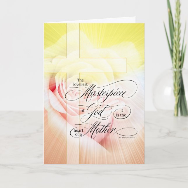 Christian Mother's Day Pink Rose and Cross Holiday Card (Front)