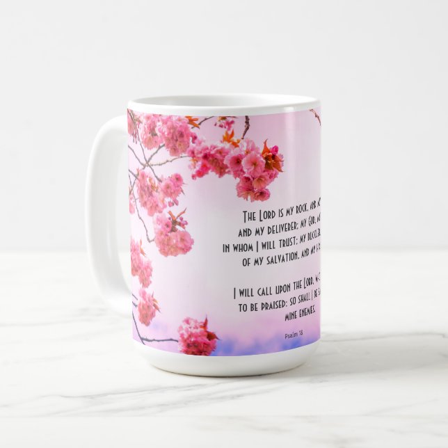 Christian mug with scriptures and cherry blossom (Front Left)