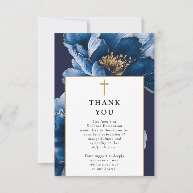 Christian Navy Blue Celebration Of Life Funeral Thank You Card (Front)