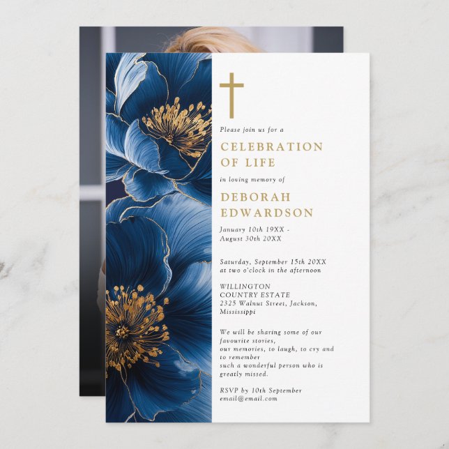 Christian Navy Blue Celebration Of Life Photo Invitation (Front/Back)