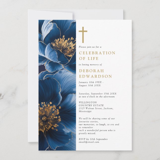 Christian Navy Blue Floral Celebration Of Life  Invitation (Front)