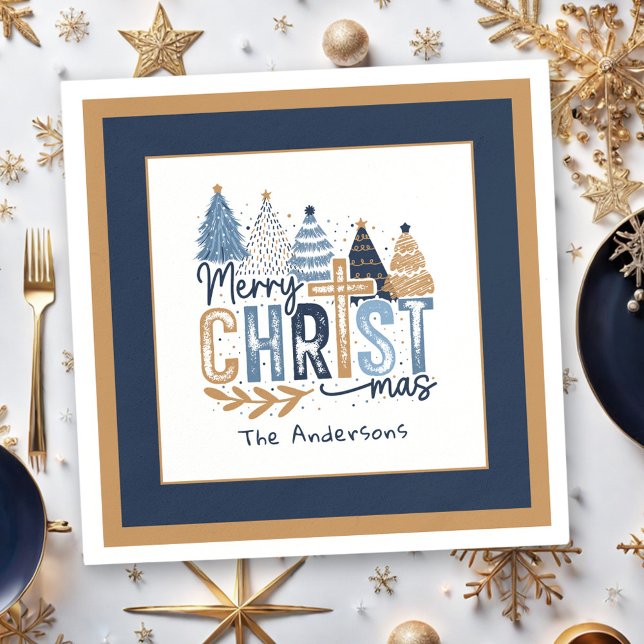 Christian Navy Blue Tree Name Modern Christmas Napkin (Christian Navy Blue Tree Name Modern Christmas Napkins)