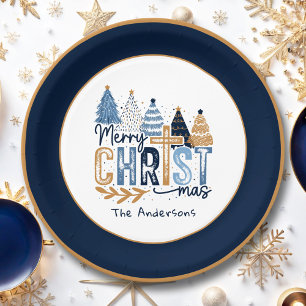 Christian Navy Blue Trees Name Modern Christmas Paper Plate