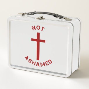 Christian Not Ashamed Red Cross and Bible Verse Metal Lunch Box