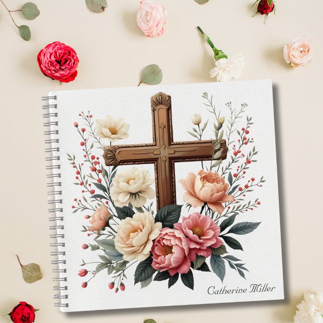 Christian Notebook with Floral Cross Design (Elegant Floral Catholic Cross Personalized Notebook)