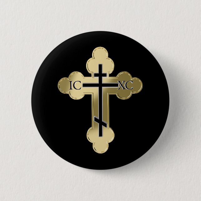 Christian orthodox cross 6 cm round badge (Front)