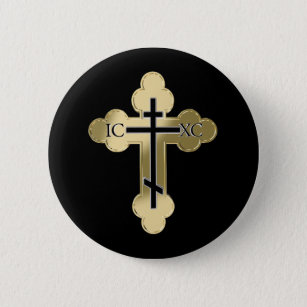 Christian orthodox cross 6 cm round badge