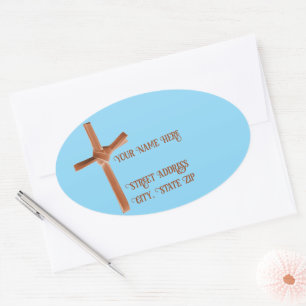 Christian Palm Cross Address Labels, Brown & Blue Oval Sticker