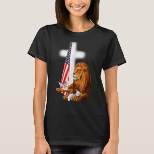 Christian Patriotic Lion And Lamb Cross Sheep Dove T-Shirt
