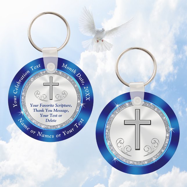 Christian Personalized, Church Favors, BULK or One Key Ring (Two Sided, Christian Keychains and Church Party Favors. Royal Blue and Silver Cross. Bible Scripture)