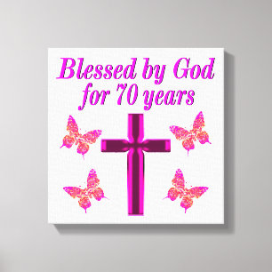 CHRISTIAN PINK 70TH BIRTHDAY CROSS DESIGN CANVAS PRINT