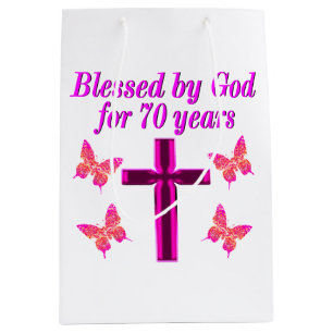 CHRISTIAN PINK 70TH BIRTHDAY CROSS DESIGN MEDIUM GIFT BAG