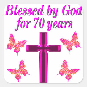 CHRISTIAN PINK 70TH BIRTHDAY CROSS DESIGN SQUARE STICKER