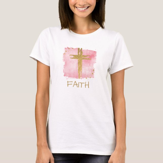 *~* Christian PinK Cross Gold Glitter FAITH T-Shirt (Front)