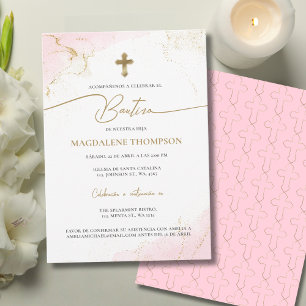 Christian Pink Gold Cross Girl Baptism Bautizo Invitation