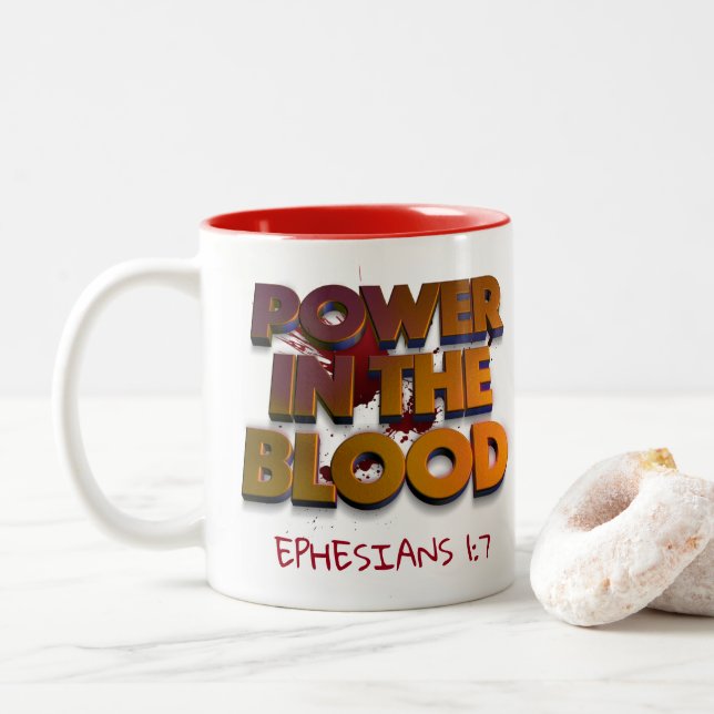 Christian power in the blood salvation message Two-Tone coffee mug (With Donut)