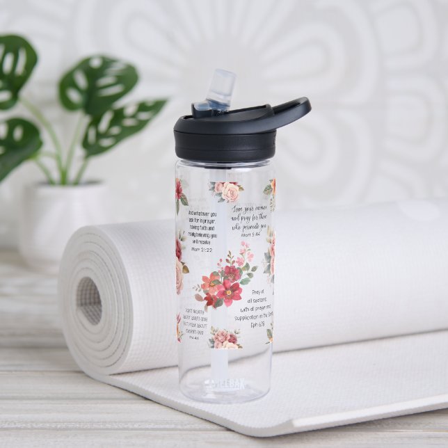 Christian PRAYER Peach Floral Water Bottle (Yoga)