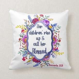 Christian Proverbs 31:28 Bible Verse Floral Pink Cushion