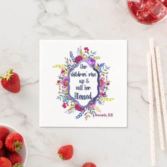Christian Proverbs 31:28 |Bible Verse Floral Pink Napkin (Insitu)