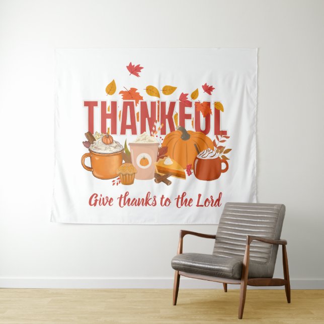Christian Pumpkin THANKFUL Happy Thanksgiving Tapestry (In Situ (Horizontal))