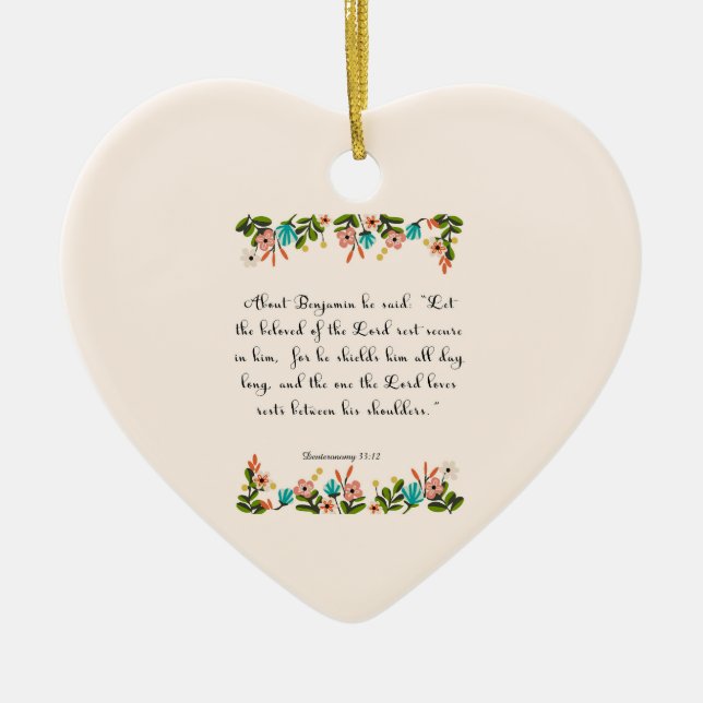 Christian Quote Art - Deuteronomy 33:12 Ceramic Tree Decoration (Front)