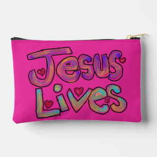 Christian Quote ‘Jesus Lives’ Floral on Pink Accessory Pouch