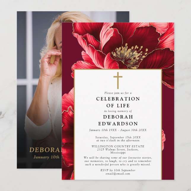 Christian Red Elegant Celebration Of Life Photo Invitation (Front/Back)