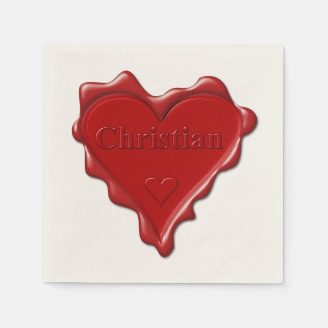 Christian. Red heart wax seal with name Christian Napkin (Front)