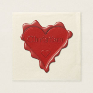 Christian. Red heart wax seal with name Christian Napkin