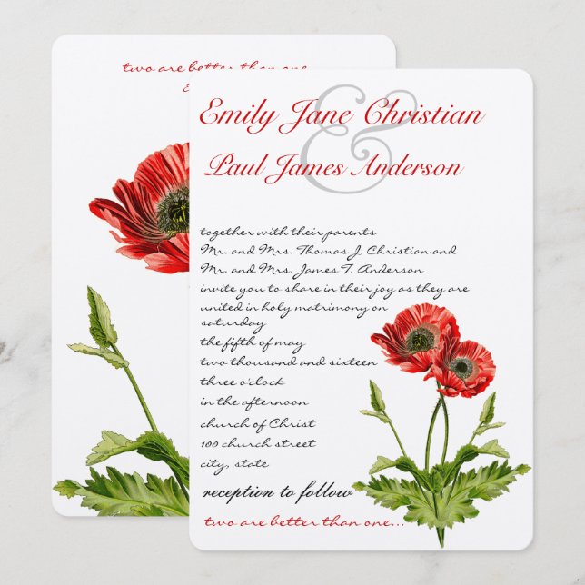 Christian Red Poppy Floral Wedding Invitations (Front/Back)
