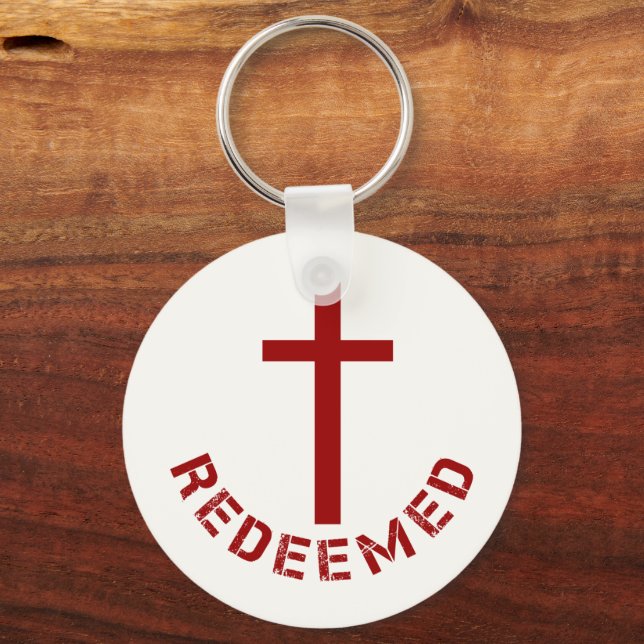 Christian Redeemed Red Cross and Text Design Key Ring (Front)