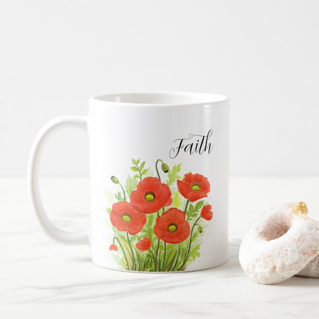 Christian Religious Red Poppies Watercolor Floral Coffee Mug (With Donut)