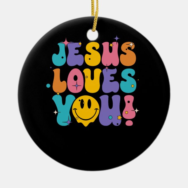 Christian Retro Jesus Loves You Religious Faith Go Ceramic Tree Decoration (Front)