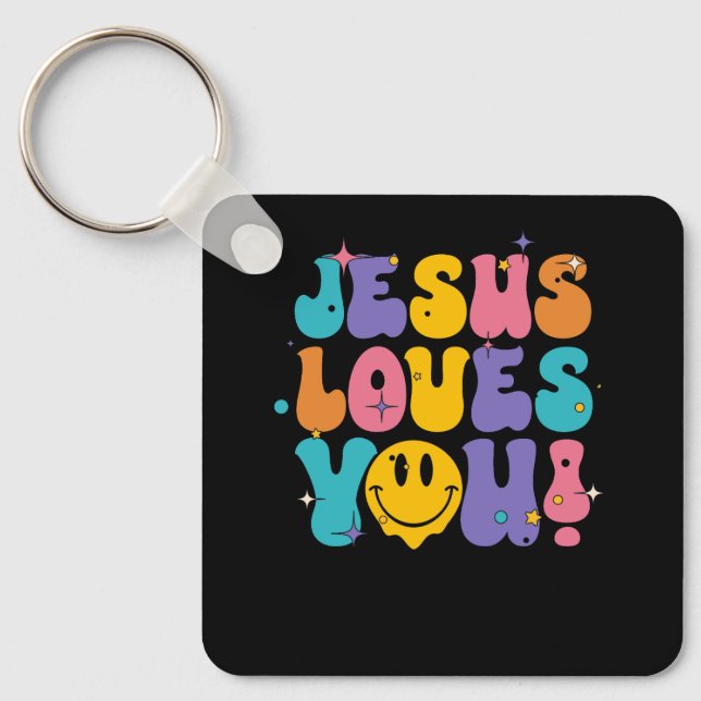 Christian Retro Jesus Loves You Religious Faith Go Key Ring (Front)